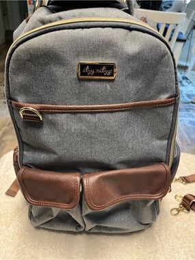 Itzy Ritzy Gray and Brown Baby Backpack with Gold Hardware
